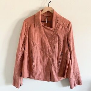 Free People Rosewood Linen Moto Jacket Size L Dusty Rose | Button Front Large Co